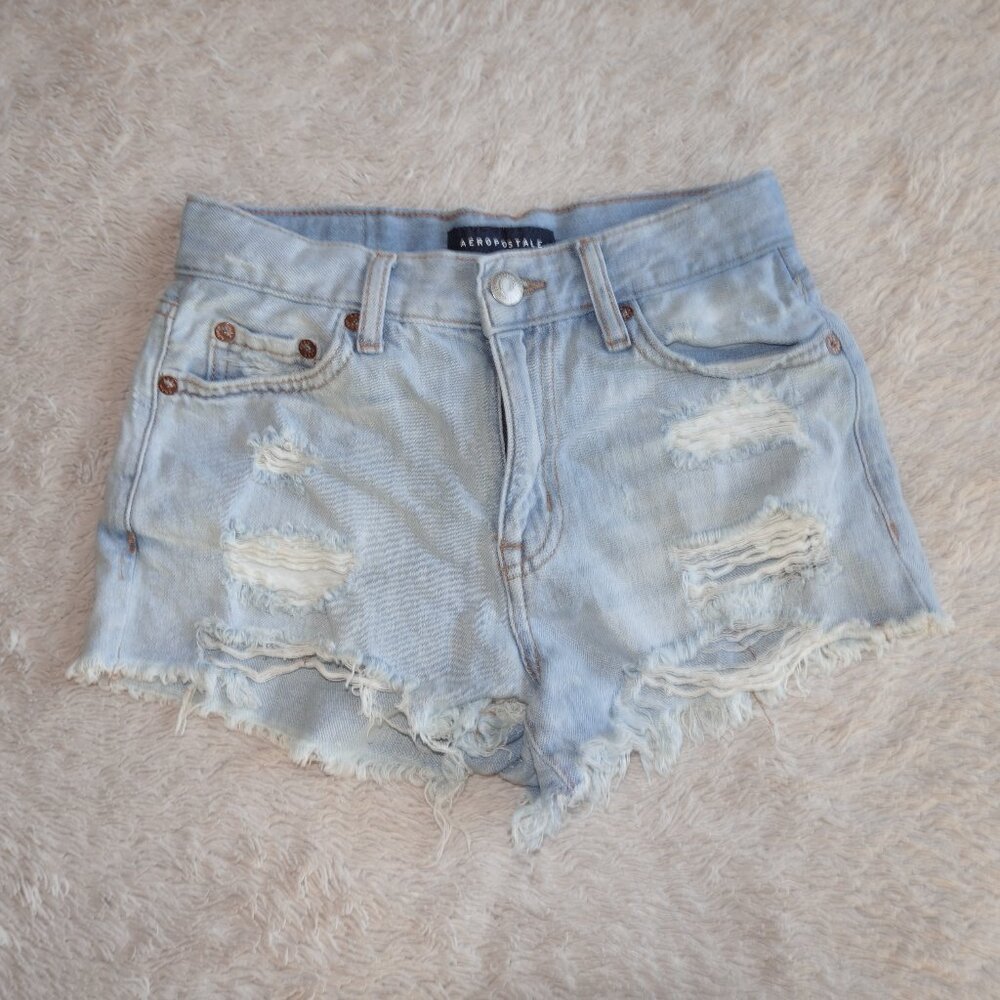 Women's Size 000 Aeropostale Vintage High-Rise Denim Shorty Shorts, Light Wash